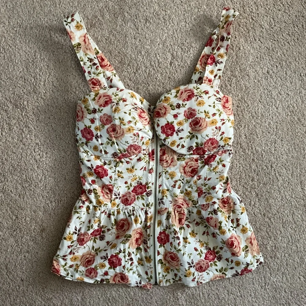 Poetry Floral Corset Top - Red and Pink on Cream - Picture 1 of 3